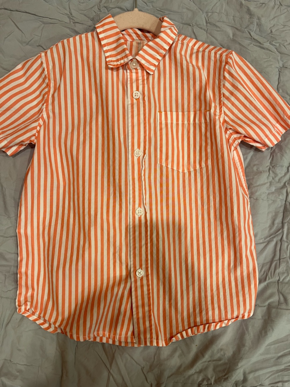 Primary kids coral striped collared shirt. Size 6-7.
